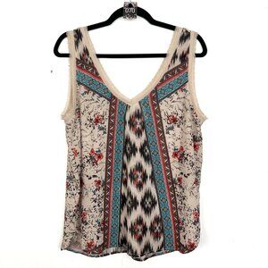Daytrip Tank Top Tan Boho Print Fringe Trim V-Neck Large